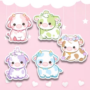 Pegatinas de vaca con flores bonitas, juego de pegatinas de vaca arcoíris, papelería de vaca, pegatinas de vaca troqueladas de vinilo bonitas, colección de pegatinas de vaca, juego de regalo de vaca de colores