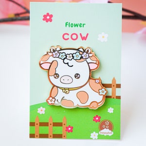 Broche de vaca com flor marrom, broche de esmalte fofo de vaca, acessório de vaca kawaii, broche de vaca floral, broche de animal de fazenda, colecionador de vacas, broche de chapéu de vaca, presente para amantes de vacas
