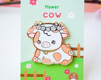 Brown flower cow pin, Cute cow enamel pin, kawaii cow accessory, Floral Cow pin, Farm animal pin, Cow Collector, Cow hat pin, Cow lover gift
