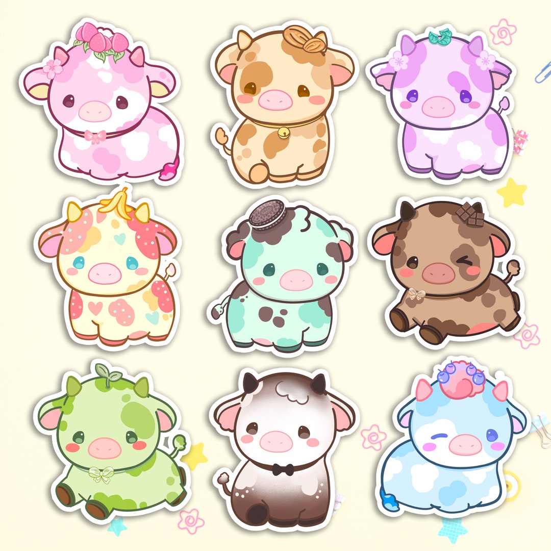 Ice Cream Cow Sticker Set, Kawaii Flavor Cow Vinyl Stickers