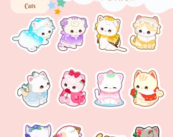 12 Flower Birth Month Cats Stickers, Zodiac cute stickers, Cat lover stickers, Birthday Month Gifts, Gift for friends