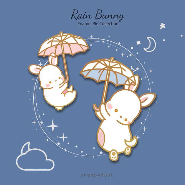 Enamel Pin: Rain Bunny, Cute bunny enamel pin, Kawaii bunny pin, two bunny pin set, Cute bunny accessory, gift for women, gift for friends
