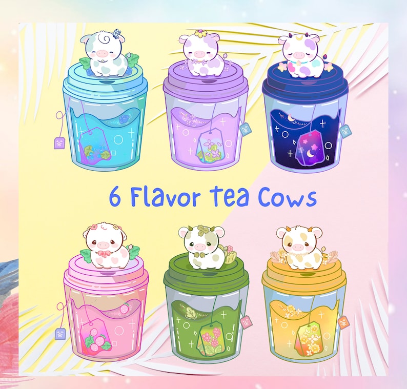 May include: Six illustrated tea cups with cute cows on top. Each cup has a different color and flavor of tea. The text "6 Flavor Tea Cows" is below the cups.