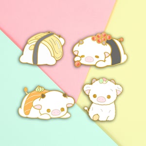 Mini pins de vaquinha de sushi, pins de mooshi, pins fofos de vaquinha de comida, pins pequenos e fofos, pins de vaquinha kawaii, acessórios fofos, pin de comida japonesa, pin de enchimento de vaquinha