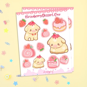 Feuille d'autocollants vache à dessert aux fraises, feuille d'autocollants holographique vache aux fraises, autocollant vache mignonne, feuille d'autocollants animaux de la ferme, autocollant kawaii