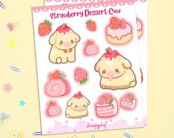 Strawberry Dessert Cow Sticker Sheet, Holographic Strawberry Cow Sticker Sheet, Cute cow sticker, Farm animal Sticker Sheet, Kawaii Sticker