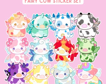 Fairy Cow Stickers, Magical Cow Sticker bundle, Holographic Cow Laptop Sticker, Waterbottle Sticker, Elementalist Sticker, Stationary gift