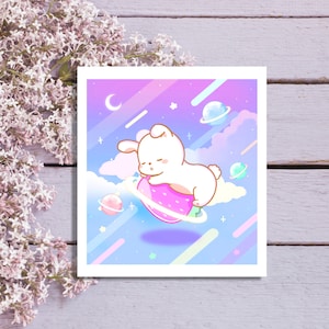 Mini impression d'art lapin fraise lune, impression d'art ciel esthétique, impression galaxie esthétique mignonne, impression d'art ciel rêveur doux, impression lapin kawaii