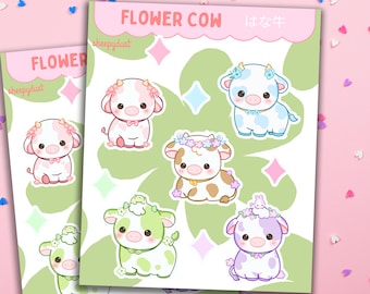 Ark med söta blommiga ko-klistermärken, Ark med glittriga regnbågsko-klistermärken, Kawaii-ko-klistermärken, Planerklistermärken för söta ko-klistermärken, Laptopklistermärken för ko-klistermärken