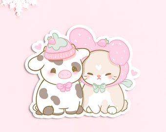 May include: A cute cartoon cow wearing a pink and green hat with a strawberry on top, and a bunny wearing a pink strawberry-shaped hat with a green bow. Both animals are looking at each other and smiling.