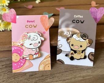 Donut & Coffee Cow Enamel Pin, V day enamel pin, cute V day gifts, gift for couples, Kawaii gift for friends