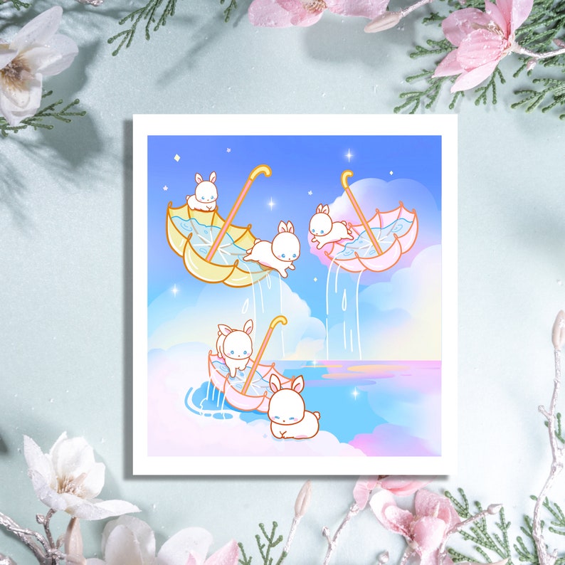 Op de afbeelding: Vier witte konijntjes met blauwe ogen rijden op kleurrijke paraplu's in een fantasierijke illustratie. De paraplu's zweven in een blauwe lucht met wolken en sterren. De konijntjes glimlachen en lijken te genieten van hun rit.