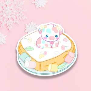 Pegatina de vaca tostada linda, pegatina de vaca malvavisco, pegatina de botella de agua de vaca kawaii, pegatina de vaca para computadora portátil, pegatina impermeable, papelería de vaca