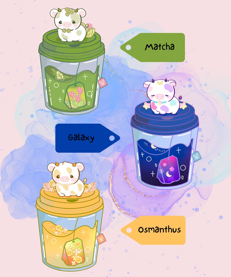 May include: Three illustrated cups of tea with cute cartoon cows on top. The cups are labeled "Matcha", "Galaxy", and "Osmanthus".