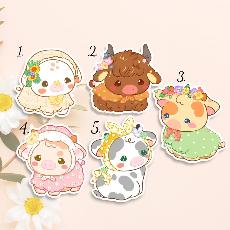 Cute Cottagecore Cow Stickers, Country Cow Stickers, Cute Flower Cow Stickers, Vinyl Vintage Cow Set Stickers, Farmcore Cow Glossy Stickers image 2