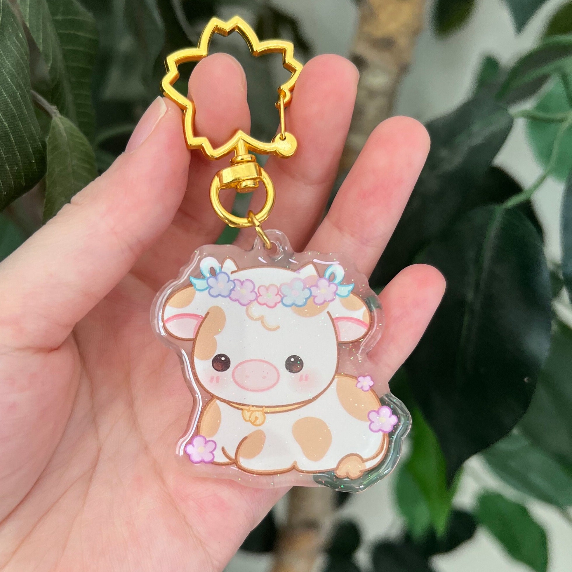 Flower Cow Acrylic Keychain, Kawaii Cow Keychain, Blue Cow