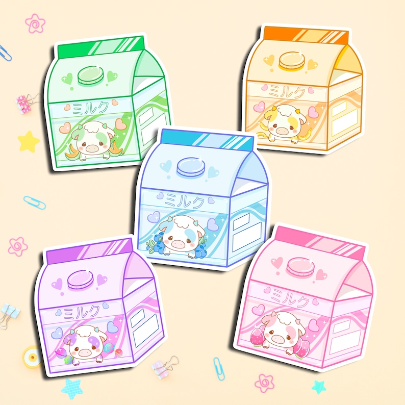 May include: Five colorful milk carton stickers with a cartoon cow and the Japanese word for milk, "ミルク", on each. The stickers are in green, orange, blue, purple, and pink.