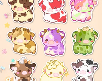 May include: Nine adorable cartoon cow stickers with different toppings and colors. The cows are all wearing a cute expression and have different colored spots. The stickers are perfect for adding a touch of whimsy to any project.