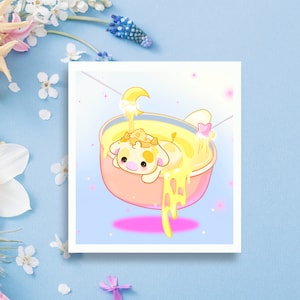 チーズフォンデュ牛のミニアートプリント、かわいい美的ミニプリント、チーズ牛のアートプリント、友達へのかわいいポストカード、かわいいミニポストカードギフト