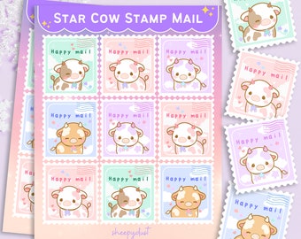 Ark med stjärnko-stämpel, Ark med söta stjärnko-stämpel, Kawaii-stämpelklistermärken för ko, Regnbågsstämpelklistermärke för ko, Brevdekal med ko-post