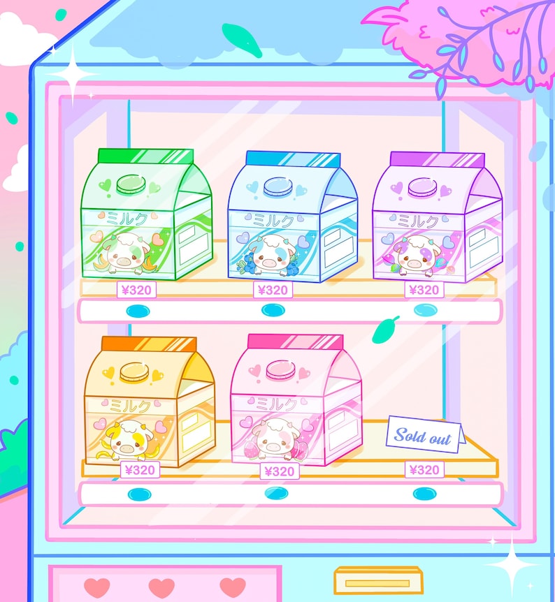 May include: A vending machine with five cartoon milk cartons. The cartons are in different colors, including green, blue, pink, yellow, and pink. Each carton has a cartoon cow on the front and the text "ミルク" which means "milk" in Japanese. The price of each carton is &yen;320. The bottom carton is sold out.
