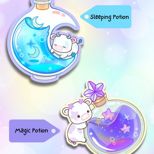 May include: Two cartoon cow stickers with potion bottles. The first sticker is blue with a crescent moon and stars. The second sticker is purple with a star and butterflies. The stickers say "Sleeping Potion" and "Magic Potion".