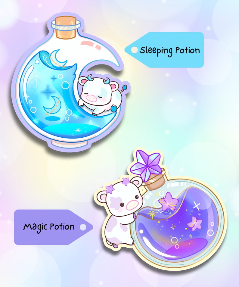 May include: Two cartoon cow stickers with potion bottles. The first sticker is blue with a crescent moon and stars. The second sticker is purple with a star and butterflies. The stickers say "Sleeping Potion" and "Magic Potion".