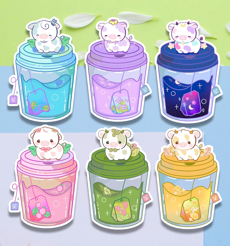May include: Six illustrated stickers of cute cartoon cows with different colored drinks in to-go cups. The cows are wearing flowers and sitting on the rim of the cups. The drinks are blue, purple, pink, green, and yellow. The stickers are perfect for adding a touch of whimsy to your planner, laptop, or water bottle.