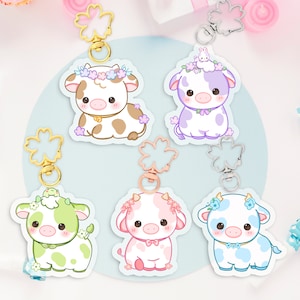 Flower Cow Acrylic Keychain, Kawaii Cow Keychain, Blue Cow Keychain, Pink Cow Keychain, Cute keychains for friends, Kawaii Stationary