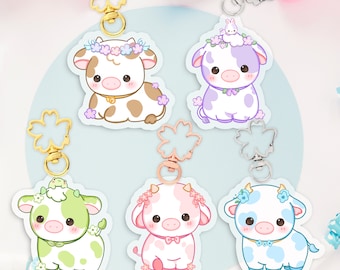Flower Cow Acrylic Keychain, Kawaii Cow Keychain, Blue Cow Keychain, Pink Cow Keychain, Cute keychains for friends, Kawaii Stationary