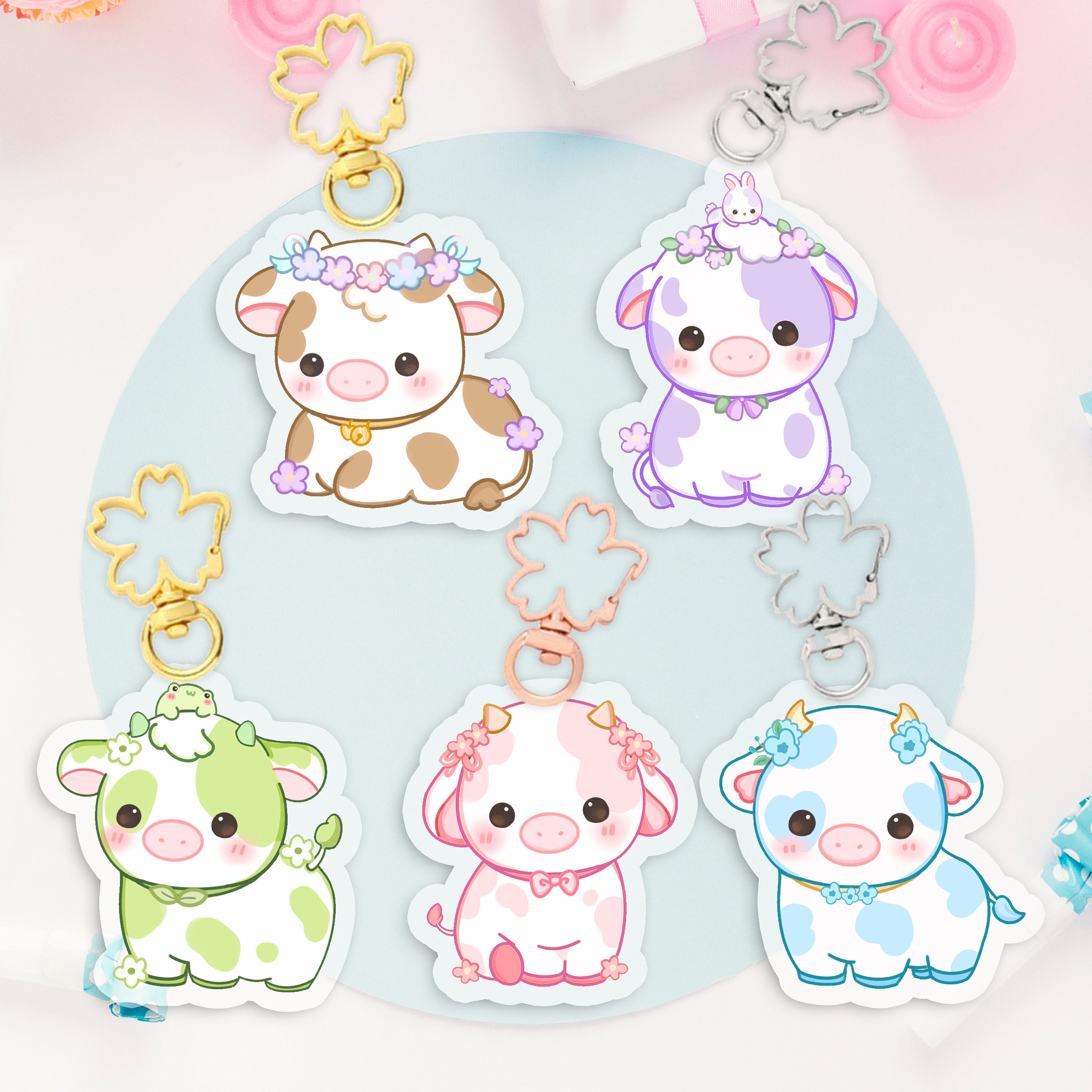 Flower Cow Acrylic Keychain, Kawaii Cow Keychain, Blue Cow