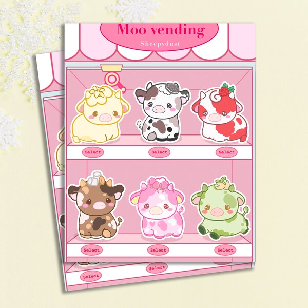 Moo Vending Sticker Sheet, Cute Ice Cream Cow Sticker Sheet, Matte Strawberry Cow Sticker Sheet, Gift for friends, Planner, Laptop Stickers