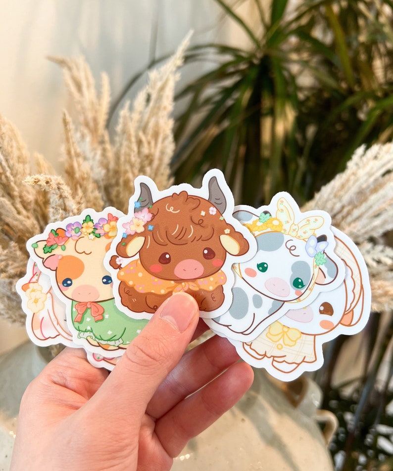 Cute Cottagecore Cow Stickers, Country Cow Stickers, Cute Flower Cow Stickers, Vinyl Vintage Cow Set Stickers, Farmcore Cow Glossy Stickers image 6