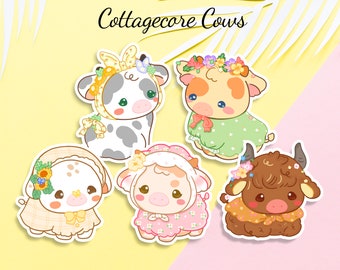 Cute Cottagecore Cow Stickers, Country Cow Stickers, Cute Flower Cow Stickers, Vinyl Vintage Cow Set Stickers, Farmcore Cow Glossy Stickers