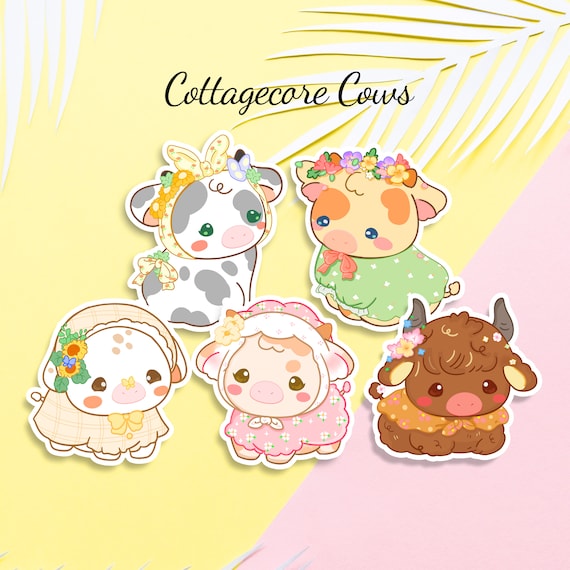 Cute Cottagecore Cow Stickers, Country Cow Stickers, Cute Flower Cow Stickers, Vinyl Vintage Cow Set Stickers, Farmcore Cow Glossy Stickers