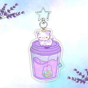 Flavored Tea Cow Acrylic Keychain, Rainbow Cow Keychain, Kawaii Cow Keychain, Strawberry Cow Keychain, Star Cow Keychain, Gifts for friends Lavender Tea Cow