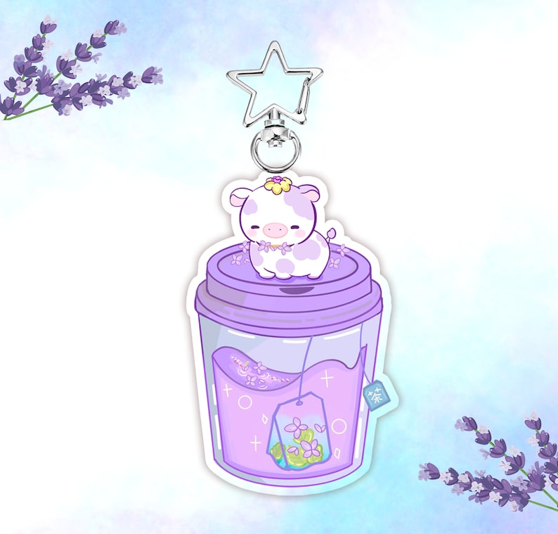 Flavored Tea Cow Acrylic Keychain, Rainbow Cow Keychain, Kawaii Cow Keychain, Strawberry Cow Keychain, Star Cow Keychain, Gifts for friends Lavender Tea Cow