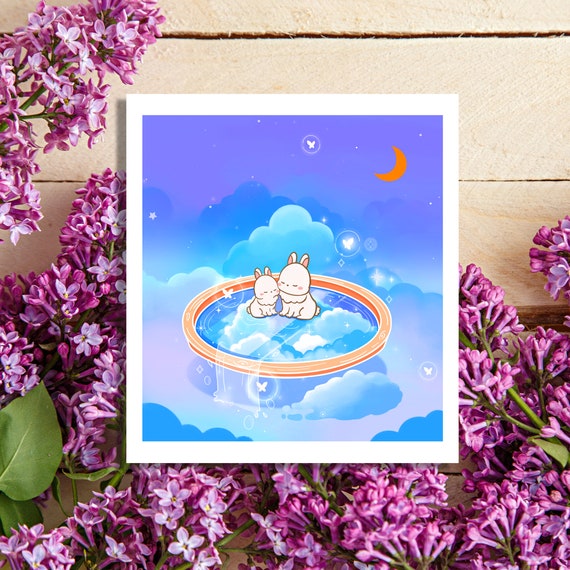 Sky Bunnies Mini Art Print, Aesthetic Cloud Art Print, Aesthetic Night Sky Art Print, Starry Sky Art Print, Cute Dreamy Sky Postcard Gifts