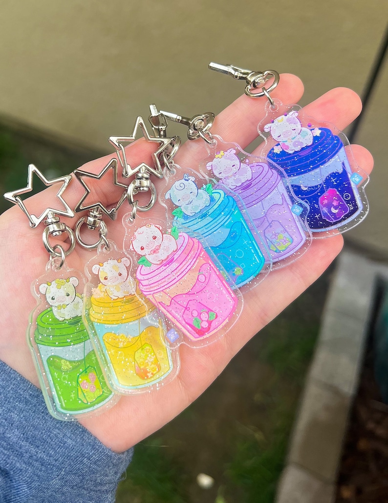 Flavored Tea Cow Acrylic Keychain, Rainbow Cow Keychain, Kawaii Cow Keychain, Strawberry Cow Keychain, Star Cow Keychain, Gifts for friends image 2