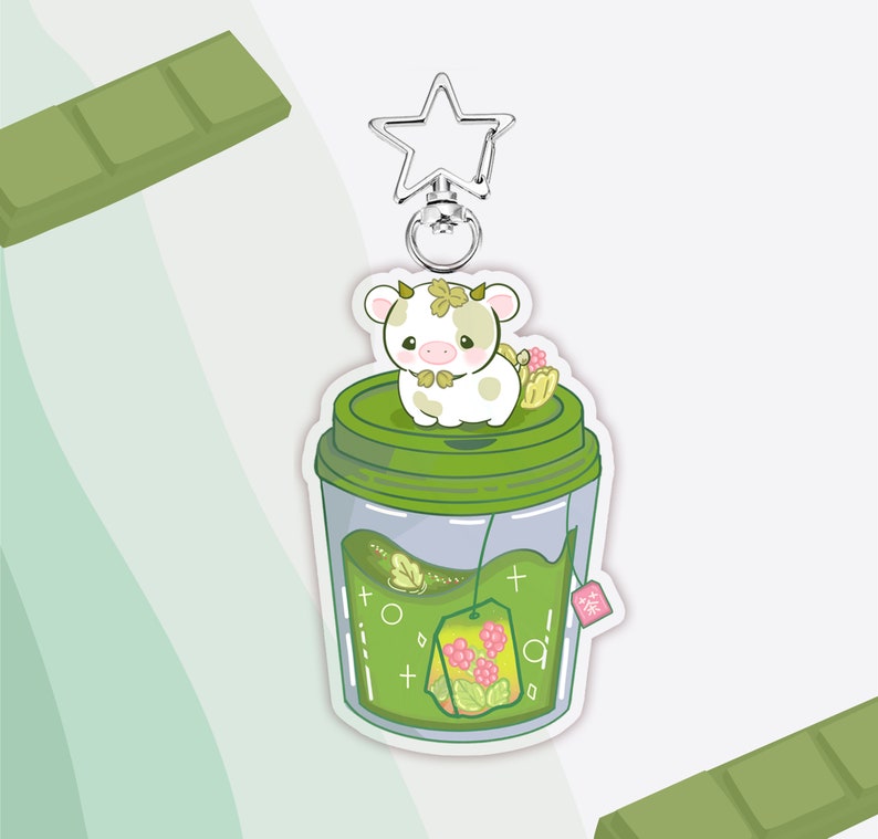 Flavored Tea Cow Acrylic Keychain, Rainbow Cow Keychain, Kawaii Cow Keychain, Strawberry Cow Keychain, Star Cow Keychain, Gifts for friends Matcha Tea Cow