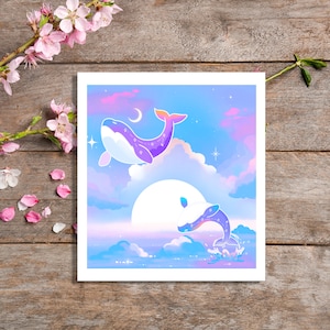 Mini impression d'art ciel étoilé baleine, impression d'art esthétique baleine galaxie, impression carte postale baleine lune, impression esthétique rêveuse étoilée mignonne, art kawaii