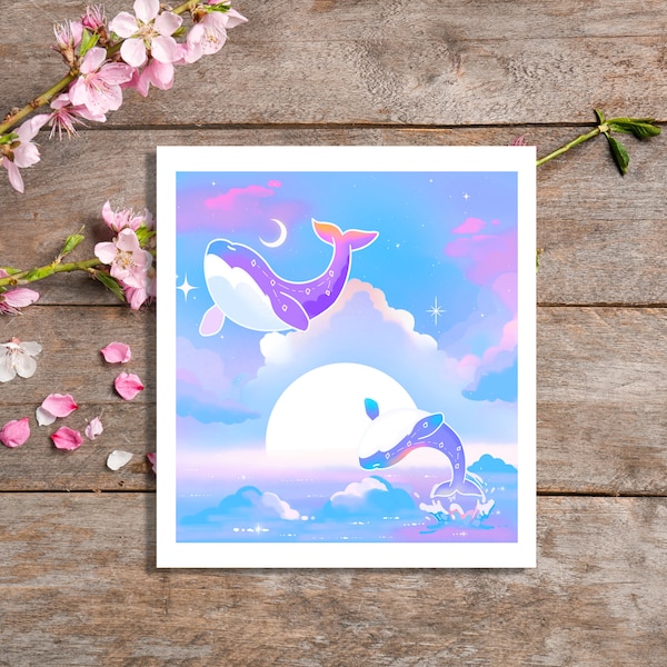 Mini impression d'art ciel étoilé baleine, impression d'art esthétique baleine galaxie, impression carte postale baleine lune, impression esthétique rêveuse étoilée mignonne, art kawaii