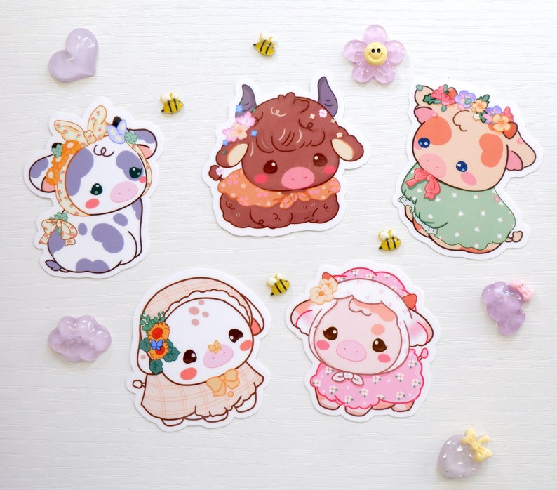 Cute Cottagecore Cow Stickers, Country Cow Stickers, Cute Flower Cow Stickers, Vinyl Vintage Cow Set Stickers, Farmcore Cow Glossy Stickers image 3