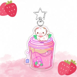 Flavored Tea Cow Acrylic Keychain, Rainbow Cow Keychain, Kawaii Cow Keychain, Strawberry Cow Keychain, Star Cow Keychain, Gifts for friends Strawberry Tea Cow