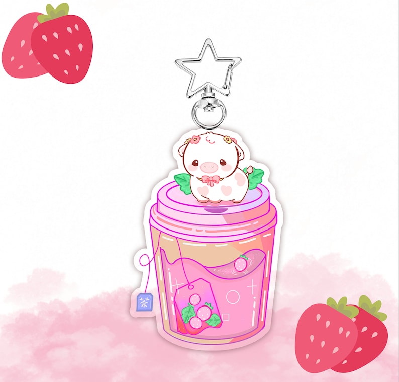 Flavored Tea Cow Acrylic Keychain, Rainbow Cow Keychain, Kawaii Cow Keychain, Strawberry Cow Keychain, Star Cow Keychain, Gifts for friends Strawberry Tea Cow