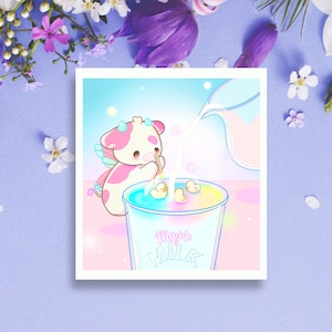 Moogic ミルク カウ ミニ アート プリント、かわいい魔法のアート プリント、美しい夢のようなアート、友達へのかわいいミニ ポストカード、美しいフォト カード、カウ アート