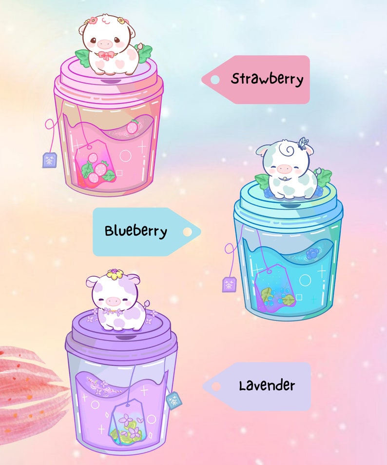 May include: Three clear glass jars with lids, each containing a different colored liquid and a tea bag. Each jar has a cartoon cow on top, and each jar has a tag with a different flavor: Strawberry, Blueberry, and Lavender.