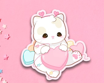 Cute Heart Candy Cat Sticker, Cute kitty die cut sticker, Cat Lover Sticker