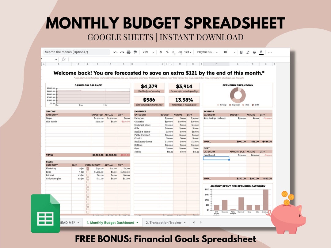 Monthly Budget Spreadsheet for Google Sheets, Digital Budget Template ...