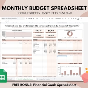 Monthly Budget Spreadsheet for Google Sheets, Digital Budget Template, Financial Planner Dashboard, Finance Tracker, Spending Tracker